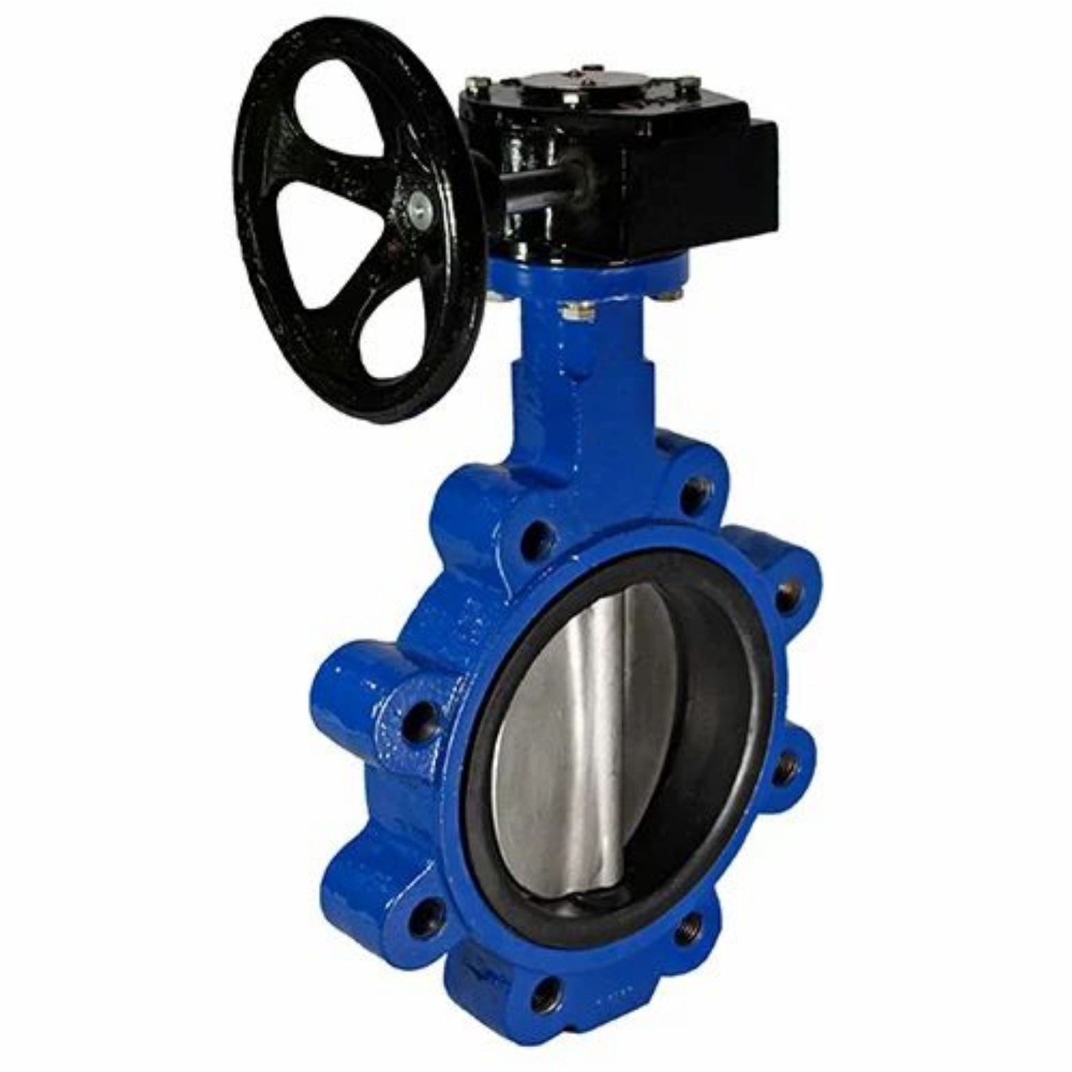 Blue gear-operated butterfly valve with handwheel and gearbox